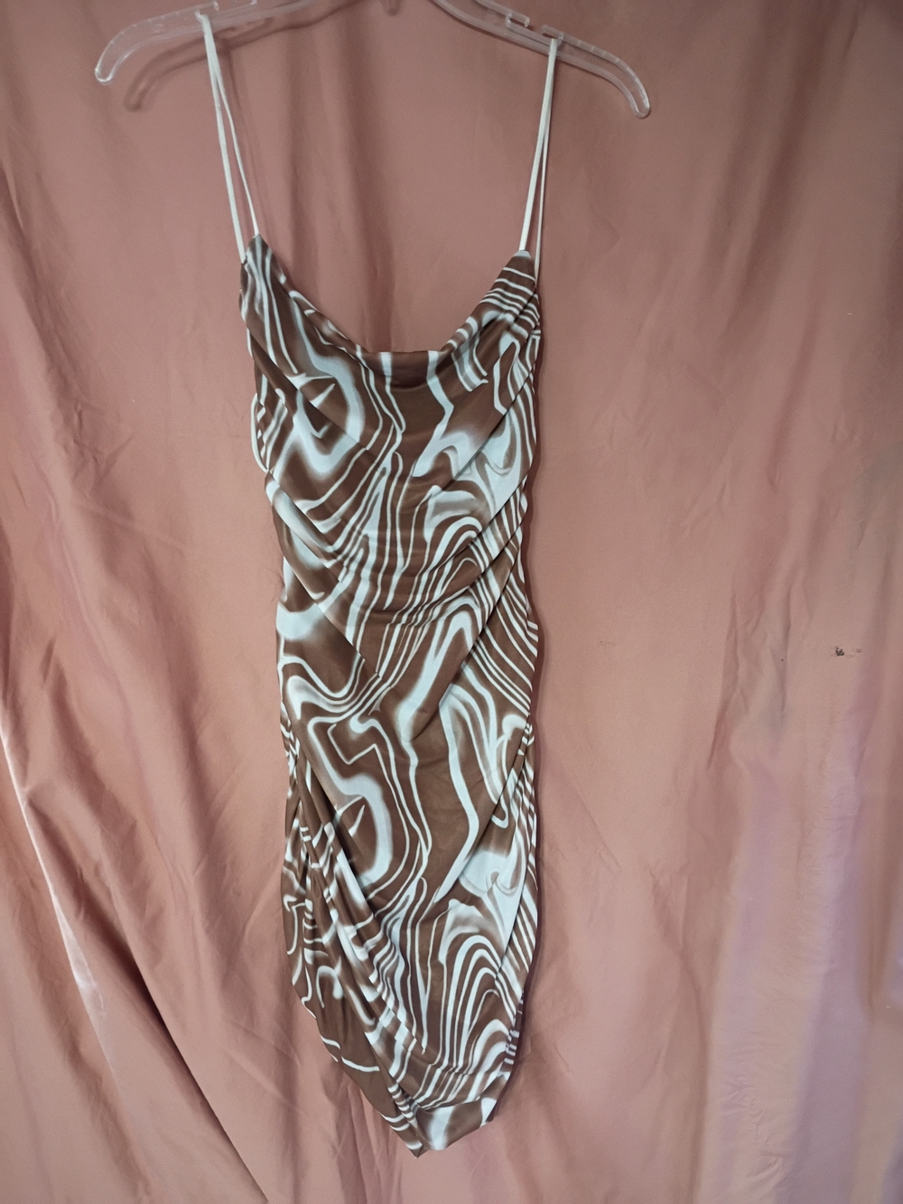 Brown & White Swirl Cowl Slip Mini Dress